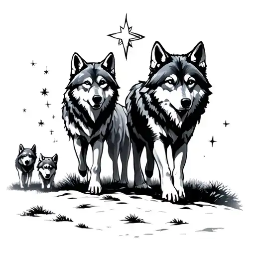 Family Of Wolves Walking Through Forest Guided By 3 Shining Stars