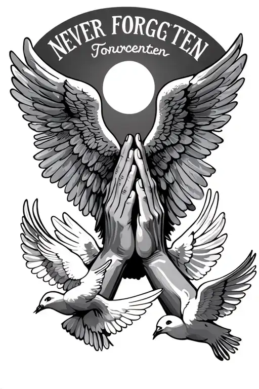 Praying Hands With Angel And Doves Flying Saying Never Forgotten