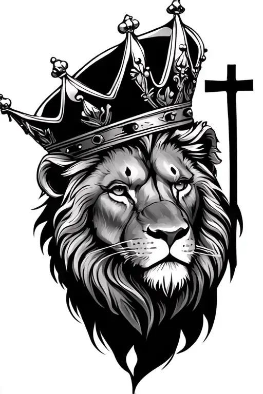 Lion Head Wearing Crown With Cross In The Background