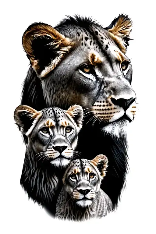 Lioness Looking Over Three Lion Cubs