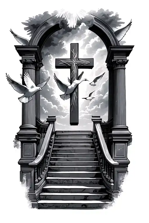 Cross At The Top Of The Stairs Of Heaven Gates Doves Flying