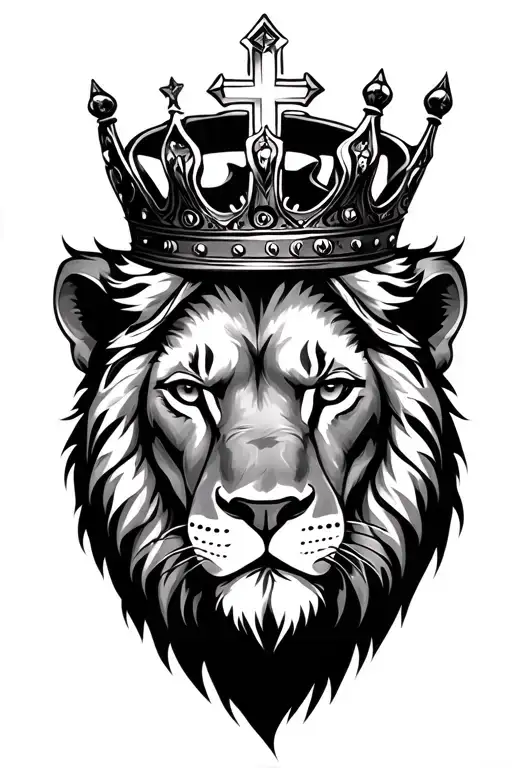 Lion Head Wearing Crown With Cross In The Background