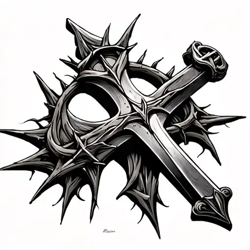 Cross Looking Like A Sword With The Crown Of Thorns Hanging On The Handle