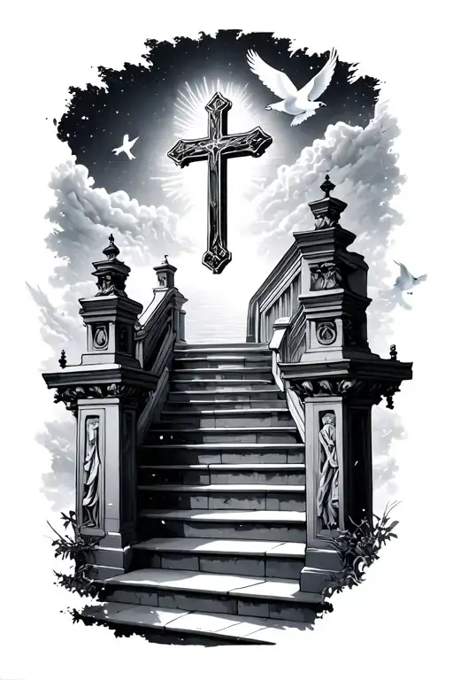 Cross At The Top Of The Stairs Of Heaven Gates Doves Flying And Lights