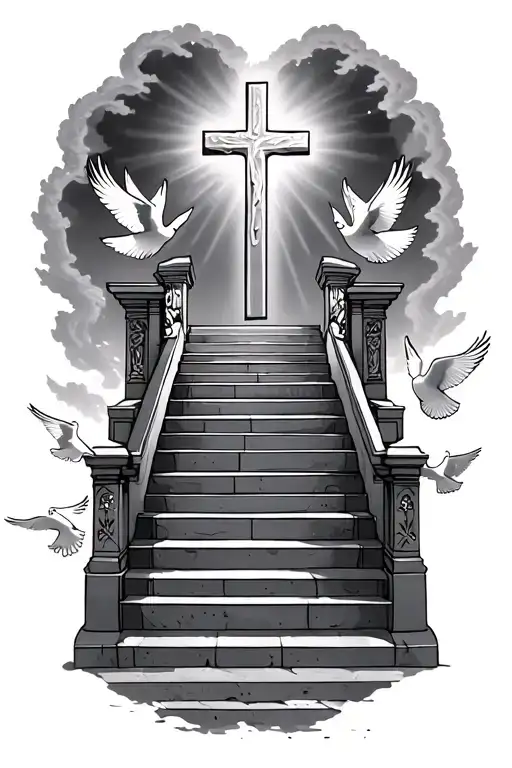 Cross At The Top Of The Clean Stairs Of Heaven Gates Doves Flying And Lights