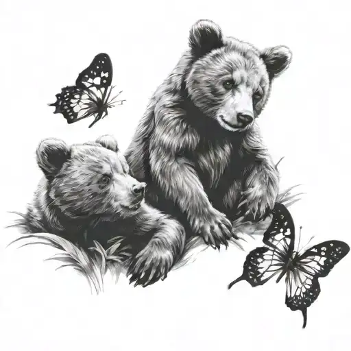 Two Bear Cubs Playing With Three Butterflies Fluttering