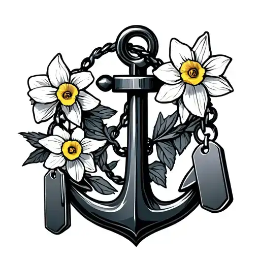 Navy Anchor With Daffodil And Dog Tags Hanging