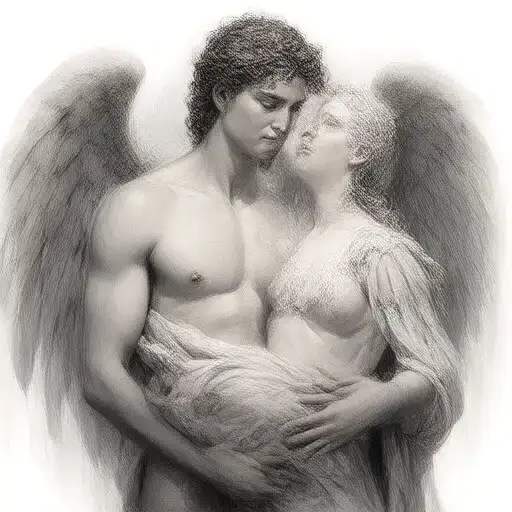 Greek Muscular Male Angel Holding Delicate Woman Simple