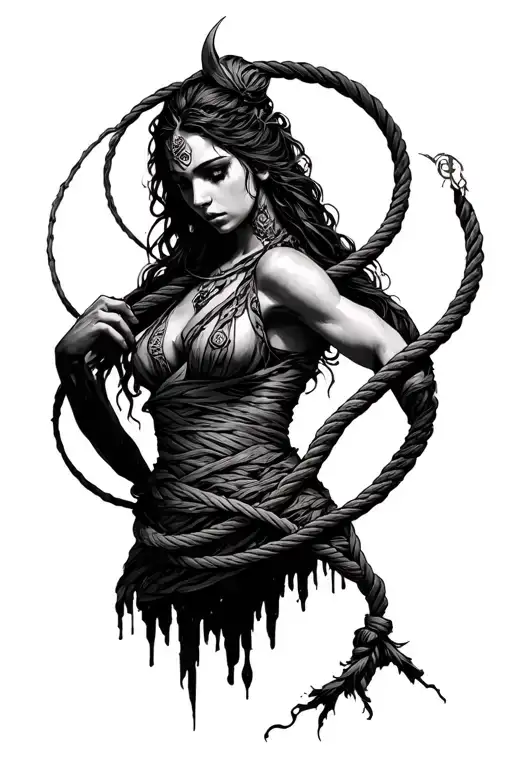 A Black Ink Tattoo Of Shibari That Doesn't Have A Woman In It And Has Norse Mythology Symbols