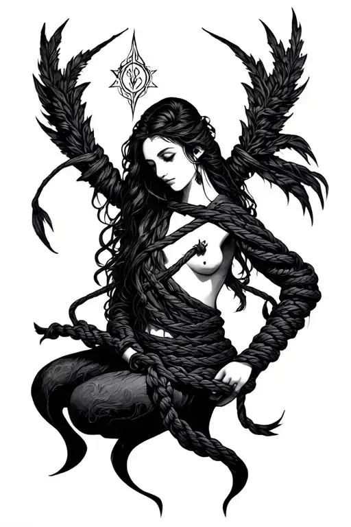 A Black Ink Tattoo Of Shibari That Doesn't Have A Woman In It And Has Norse Mythology Symbols