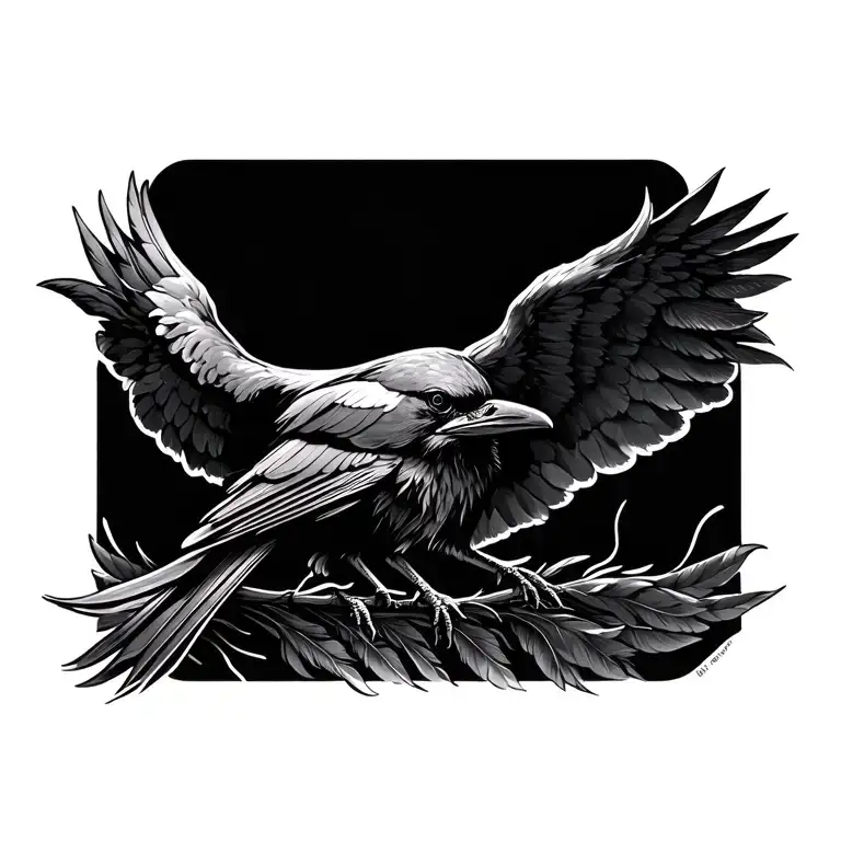 Raven Fine Line Tattoo With Fade Away Feathers At The End Of The Wings And Tail
