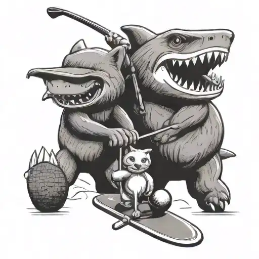 Stuffed Animal Shark And Teddy Bear Playing Golf Together