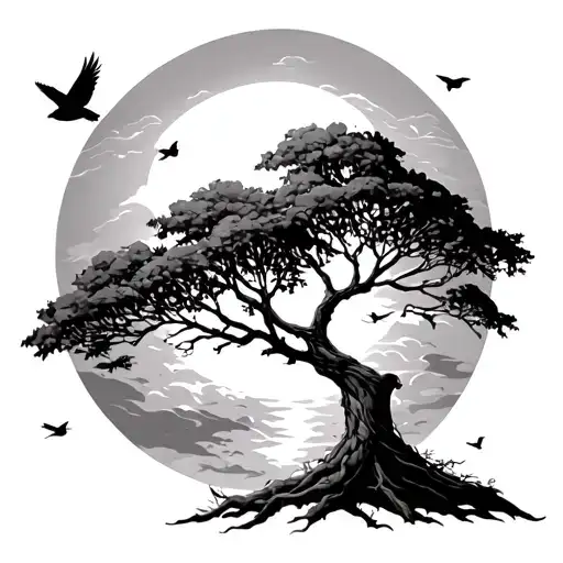 A Tree With Birds Flying Around With The Sun