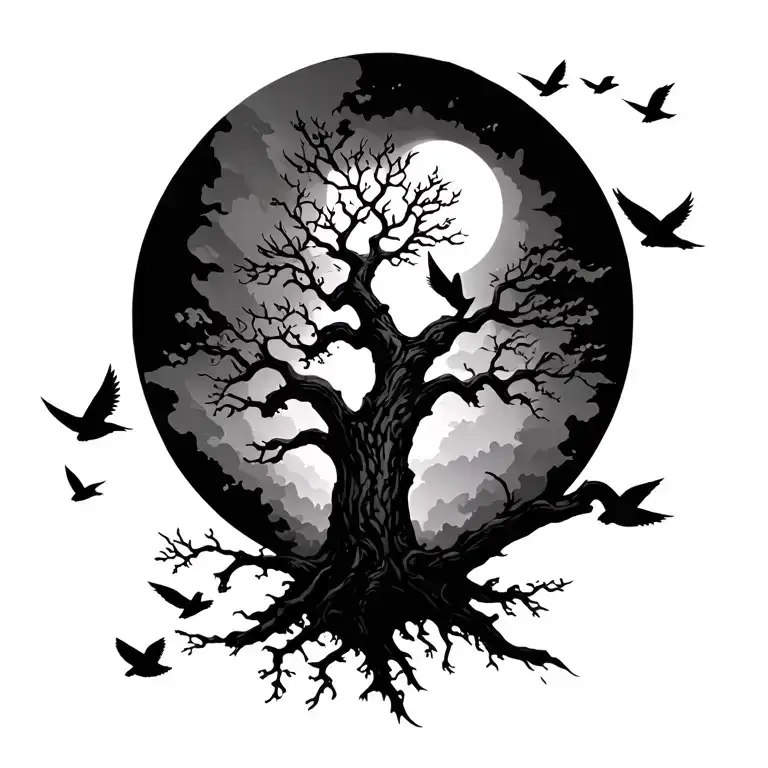 A Tree With Birds Flying Around With The Sun