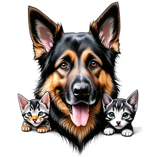 Outline Of A German Shepherd With 2 Kittens On The Side