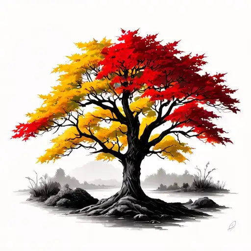 Maple Tree With Red And Yellow Leaves With Himalyaya At Background