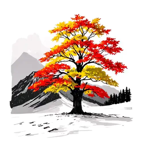 Maple Tree With Red And Yellow Leaves With Snow Capped Mountain At Background