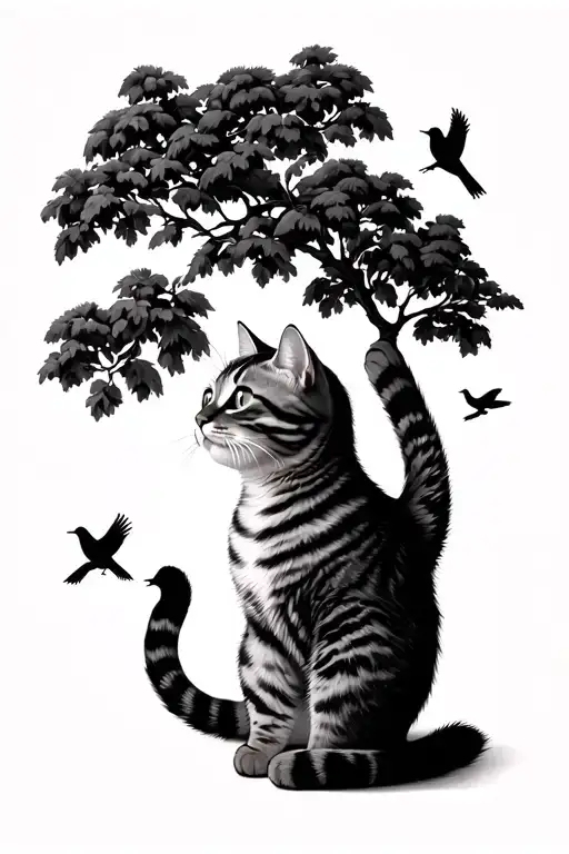 Cat Playing With Birds With A Tree