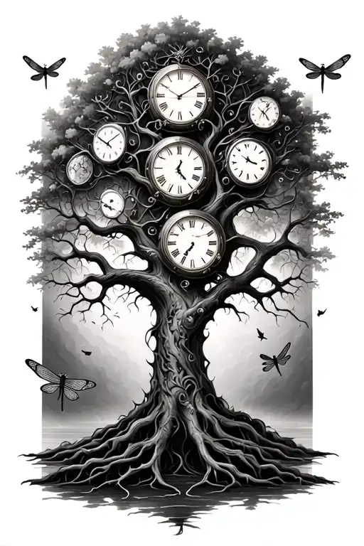 Tree Of Life With Clocks And Dragonflies Flying