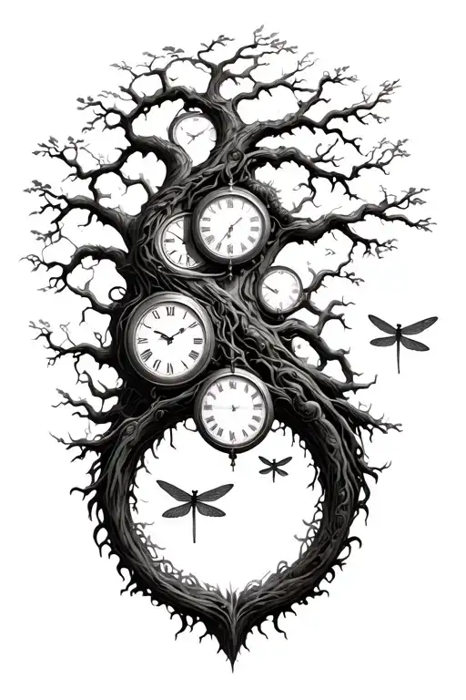 Tree Of Life With Clocks And Dragonflies Flying