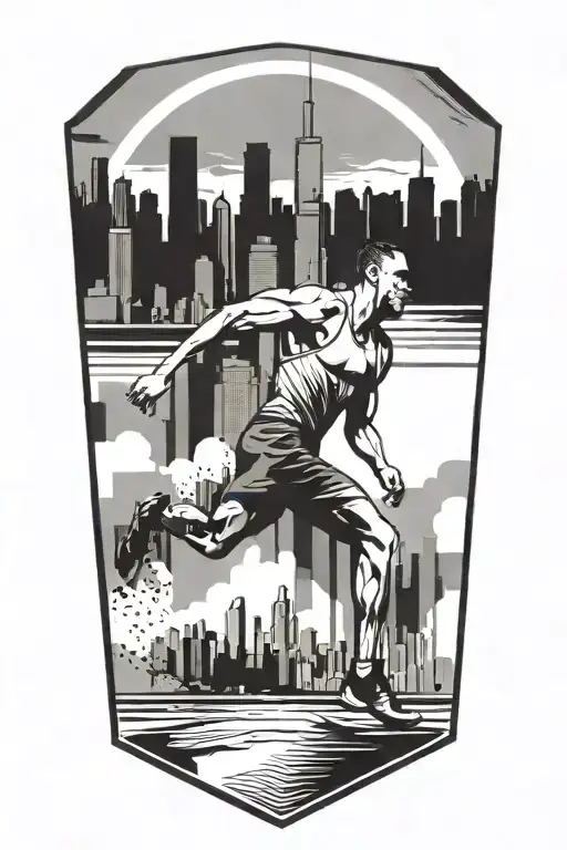 Geometric Chicago Skyline With Marathon Runner Crossing Finish Line