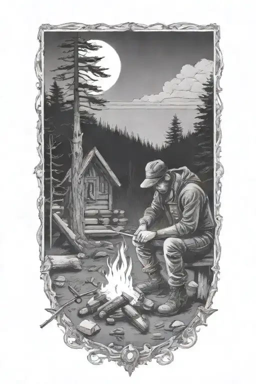 Hunter Sharpening Knife Near A Camp Fire With His Cabin In The Background At Night