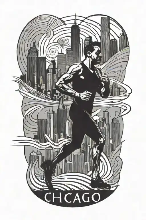 Geometric Chicago Skyline With Marathon Runner Crossing Finish Line