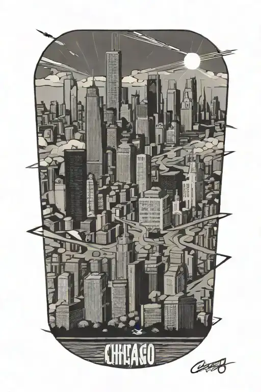 Geometric Chicago Skyline With Marathon Runner Crossing Finish Line