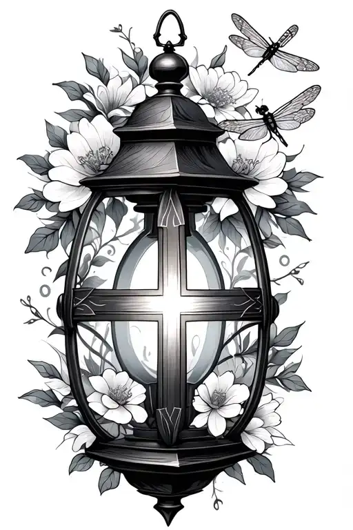 Lantern With A Cross In The Middle With Flowers And Small Dragonflies
