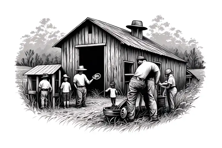 Create A Tattoo Featuring A Hardworking Dad Surrounded By His Family On A Farm