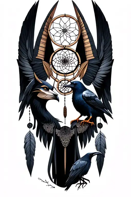 Anubis With A Dream Catcher And A Crow