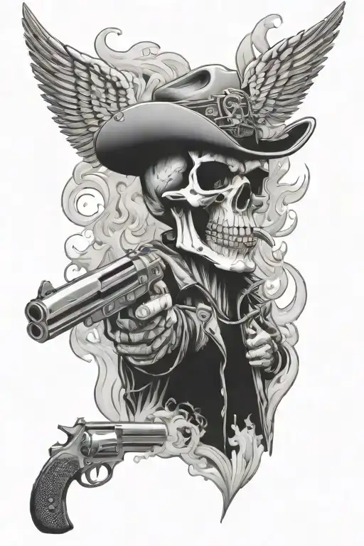 Chicano Smoke Rising With A Skull And A Gun With 777 Going Up And Down