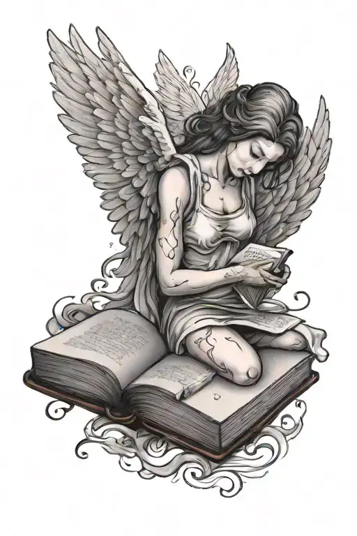 An Angel Writing Lyrics On A Book With Broken Heart On The Cover