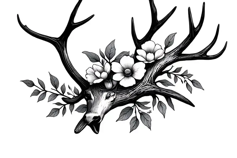 Deer Antler Intertwined With Flowers