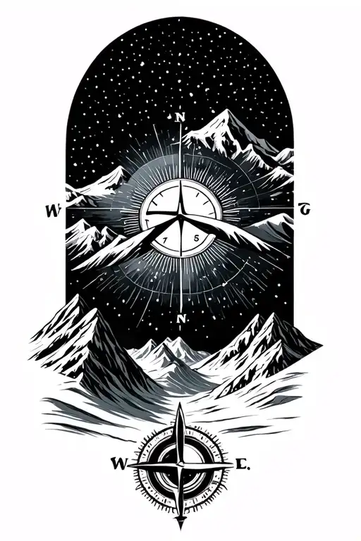 Mountain With Compass Sun Planisphere Ski And Flake