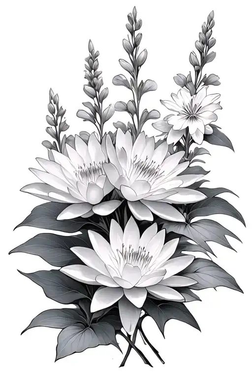 Water Lilies And Delphinium Flowers