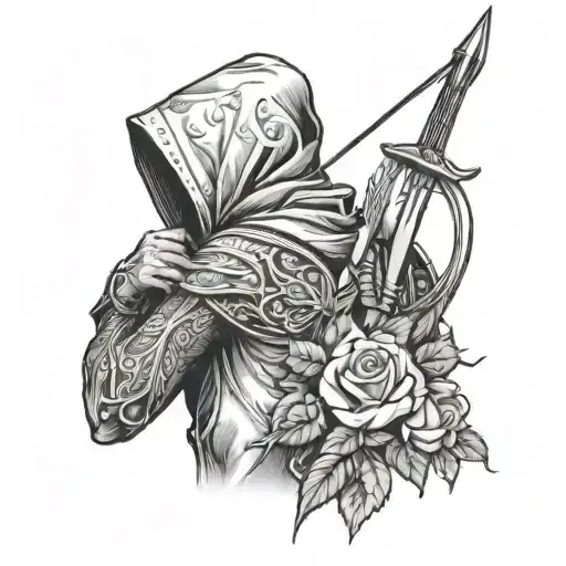 Hooded Faceless Archer In Front Of Thorny Rose Vines Tattoo In Black And White