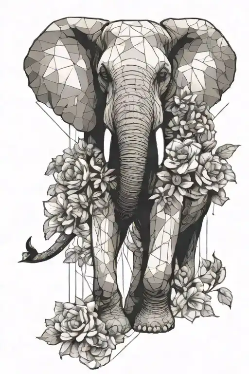 Elephant In Front Of With Flowers Geometric Design Incorporating