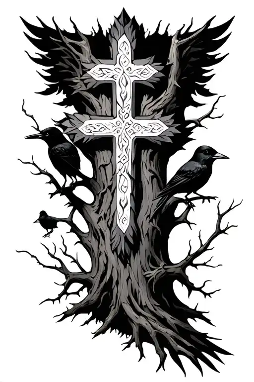 Cross Inbeaded Into A Tree Of Life With Thorns And Small Crows