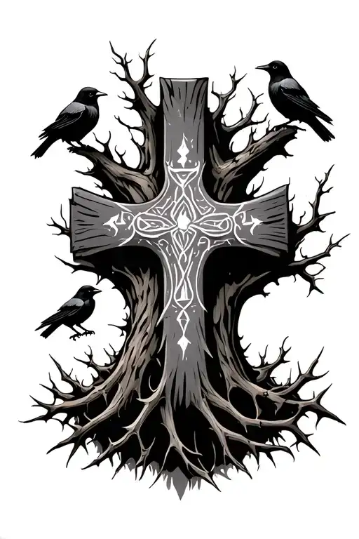 Cross Inbeaded Into A Tree With Thorns And Small Crows