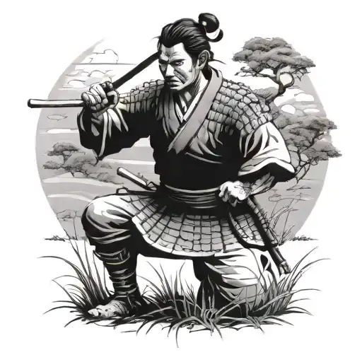 Samurai Kneeling In A Field