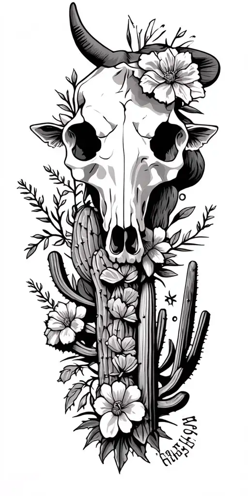 Western Sleeve Tattoo Featuring Paws Cow Skull Cactus Etc