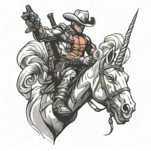 Deadpool With Cowboy Hat On A Unicorn