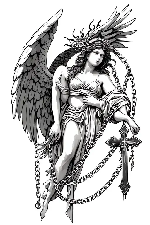 Angel And Cross Chain Tattoo Design