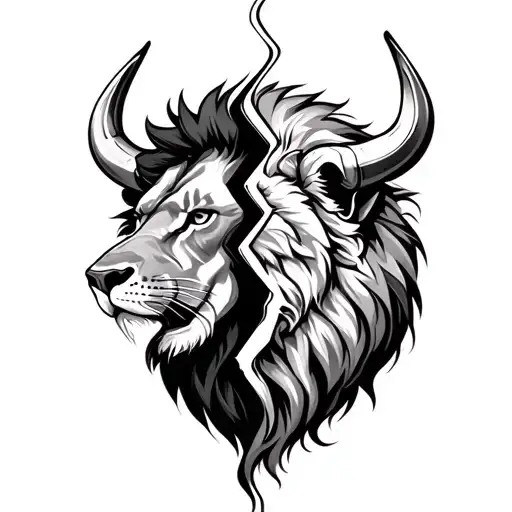 Bull Head Split Exposing A Lion Head