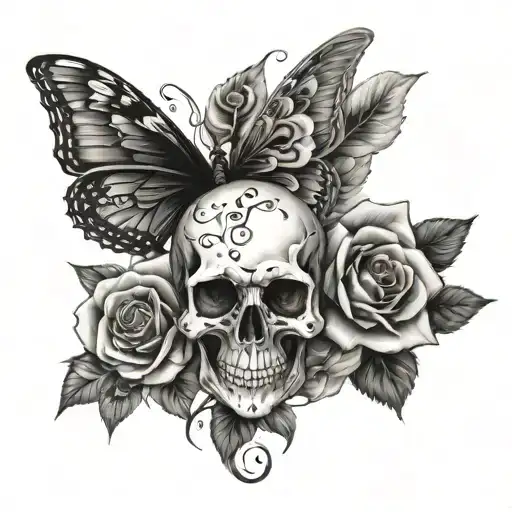 Skull Rose And Butter Fly