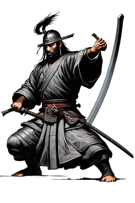 Japanese Temple Samurai Warrior Wielding A Sword