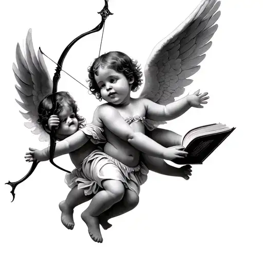 Baby Angels Flying One Holding A Bow And Arrow And One Holding A Book