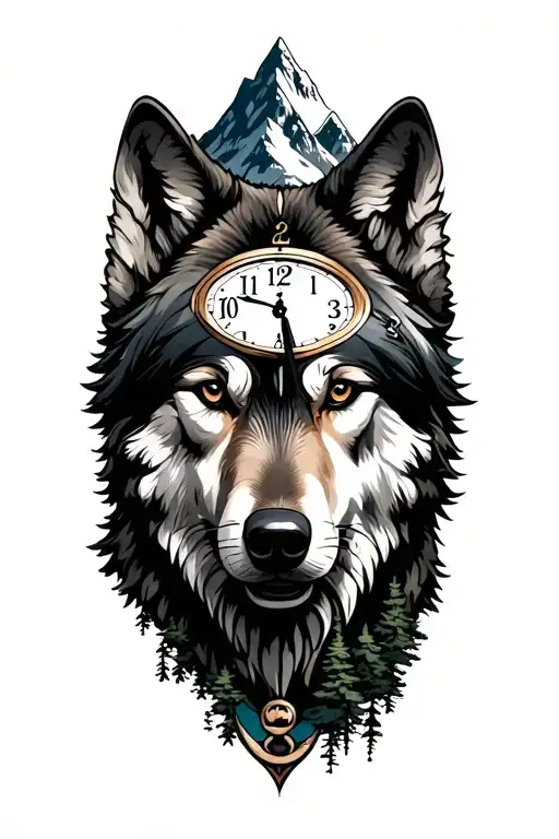 Memento Moro With Mountain Trees And A Clock Face And Wolf
