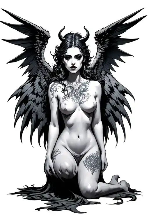 Demon Woman Holding A Head With Big Wings Spread Wide